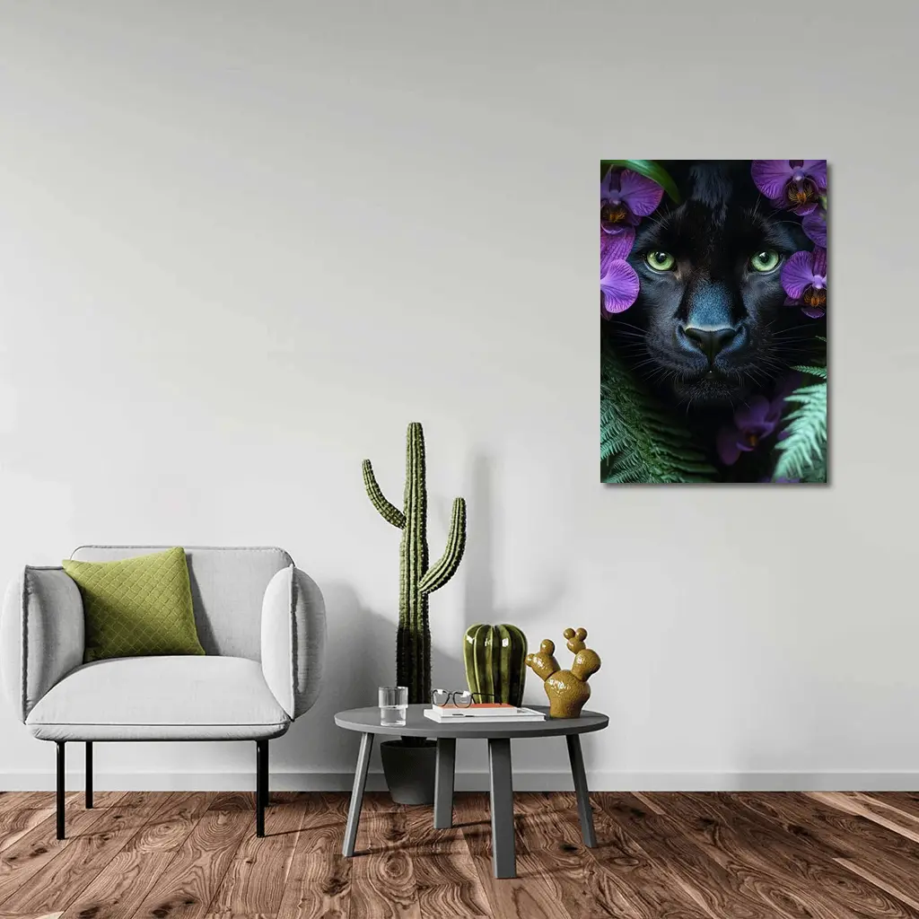 Black Panther With Purple Orchids Jungle – Wall Art