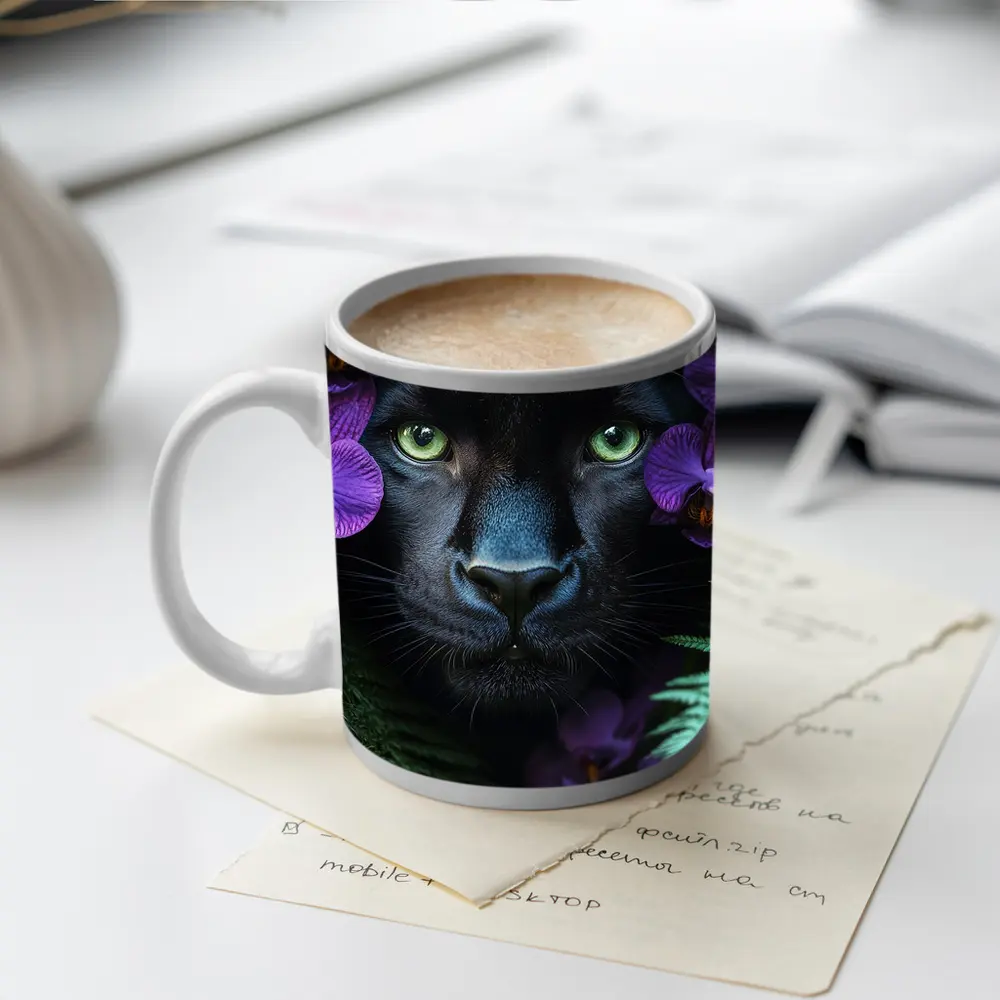 Black Panther With Purple Orchids Jungle – Mugs