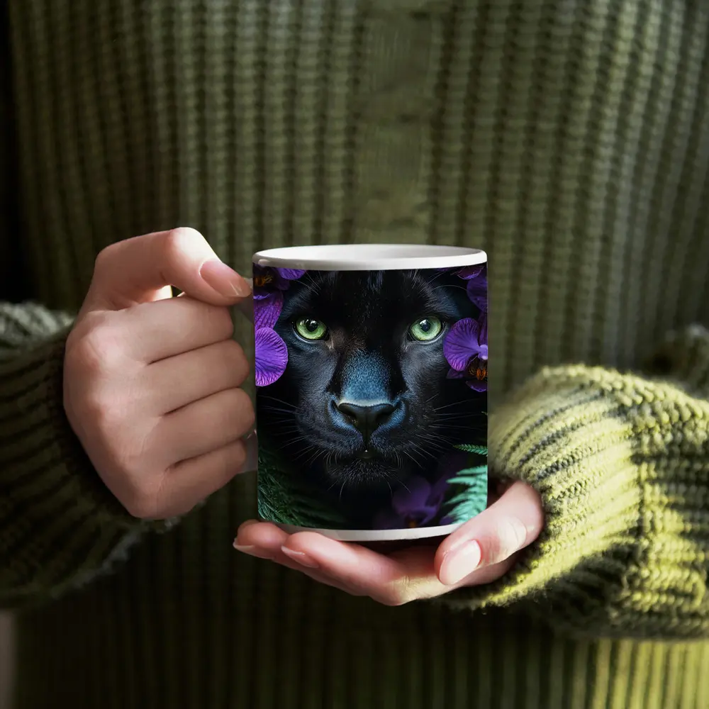 Black Panther With Purple Orchids Jungle – Mugs