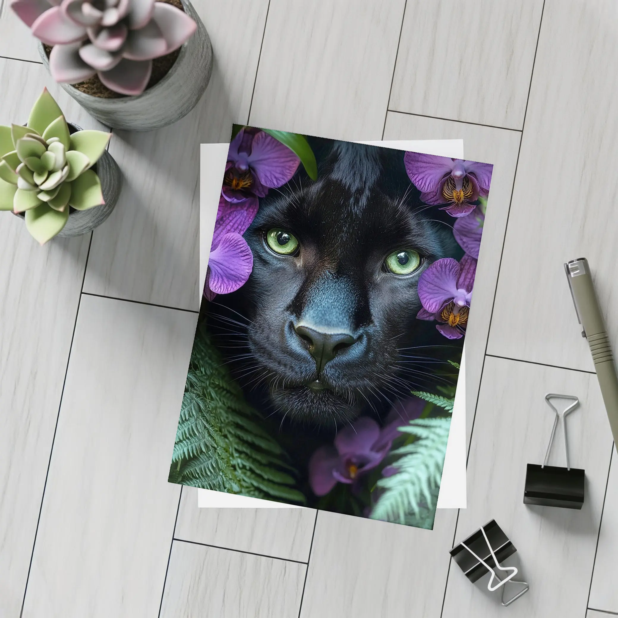 Black Panther With Purple Orchids Jungle – Postcards