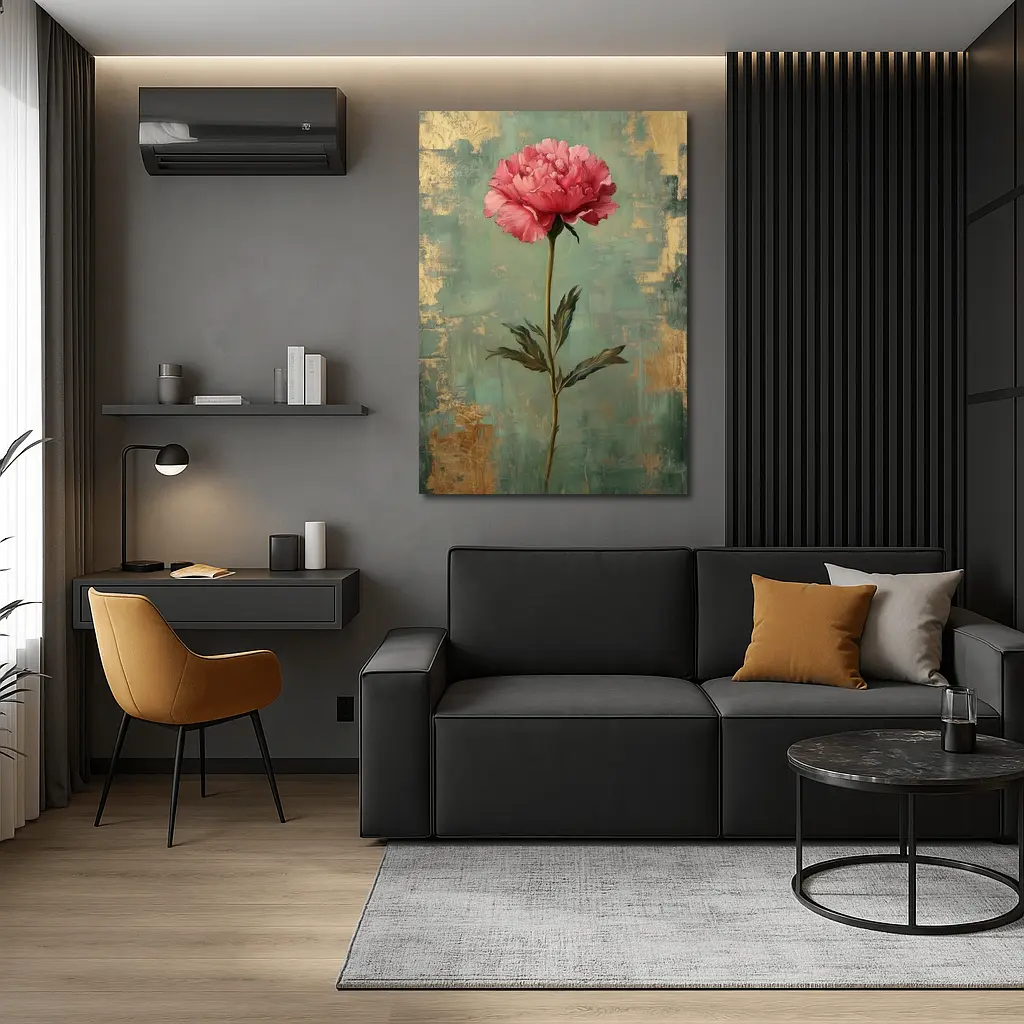 Pink Peony Oil Painting Teal Gold Background – Wall Art
