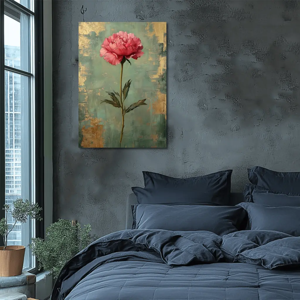 Pink Peony Oil Painting Teal Gold Background – Wall Art