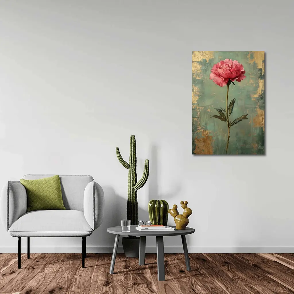 Pink Peony Oil Painting Teal Gold Background – Wall Art