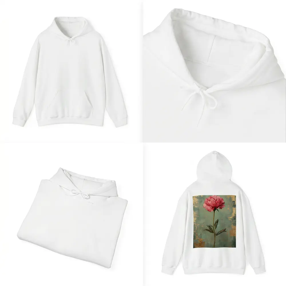 Pink Peony Oil Painting Teal Gold Background – Hoodies