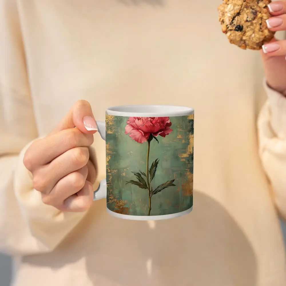 Pink Peony Oil Painting Teal Gold Background – Mugs