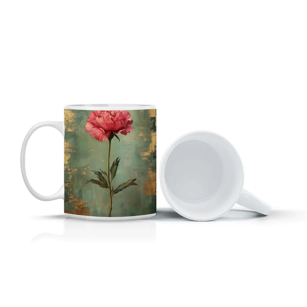 Pink Peony Oil Painting Teal Gold Background – Mugs