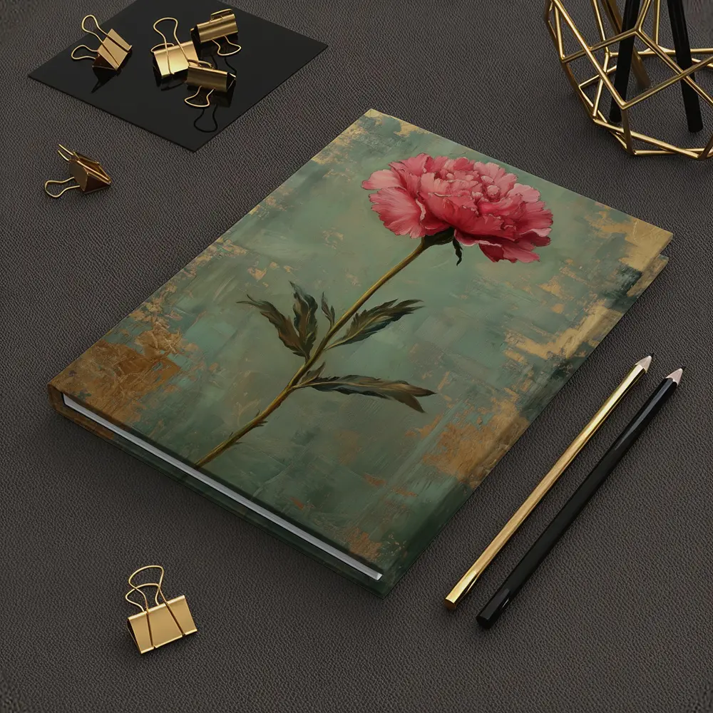 Pink Peony Oil Painting Teal Gold Background – Notebooks