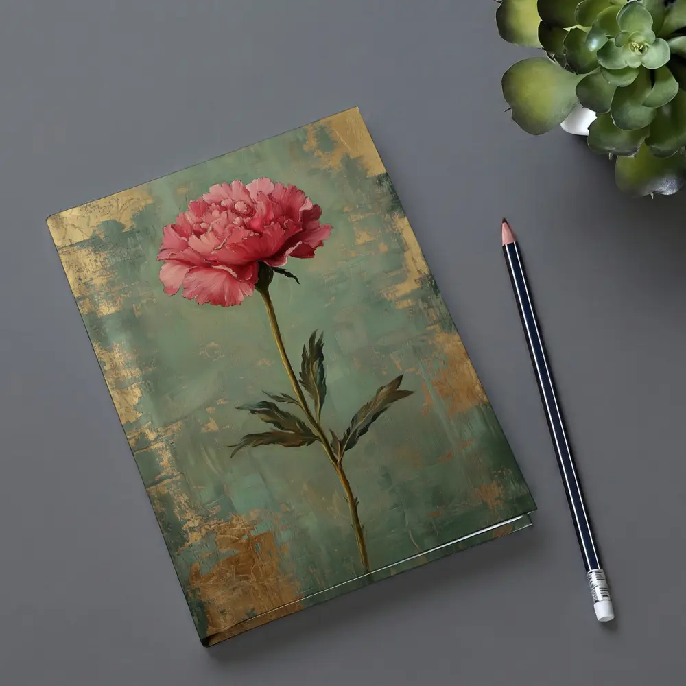 Pink Peony Oil Painting Teal Gold Background – Notebooks
