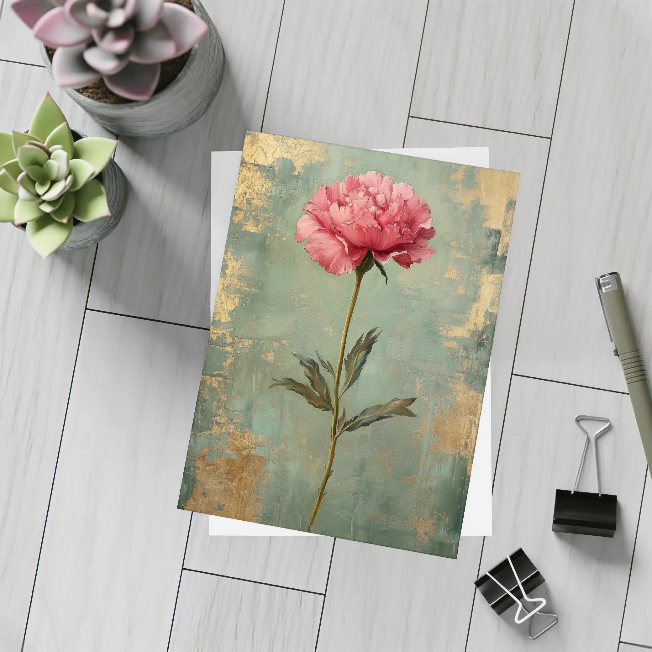 Pink Peony Oil Painting Teal Gold Background – Postcards