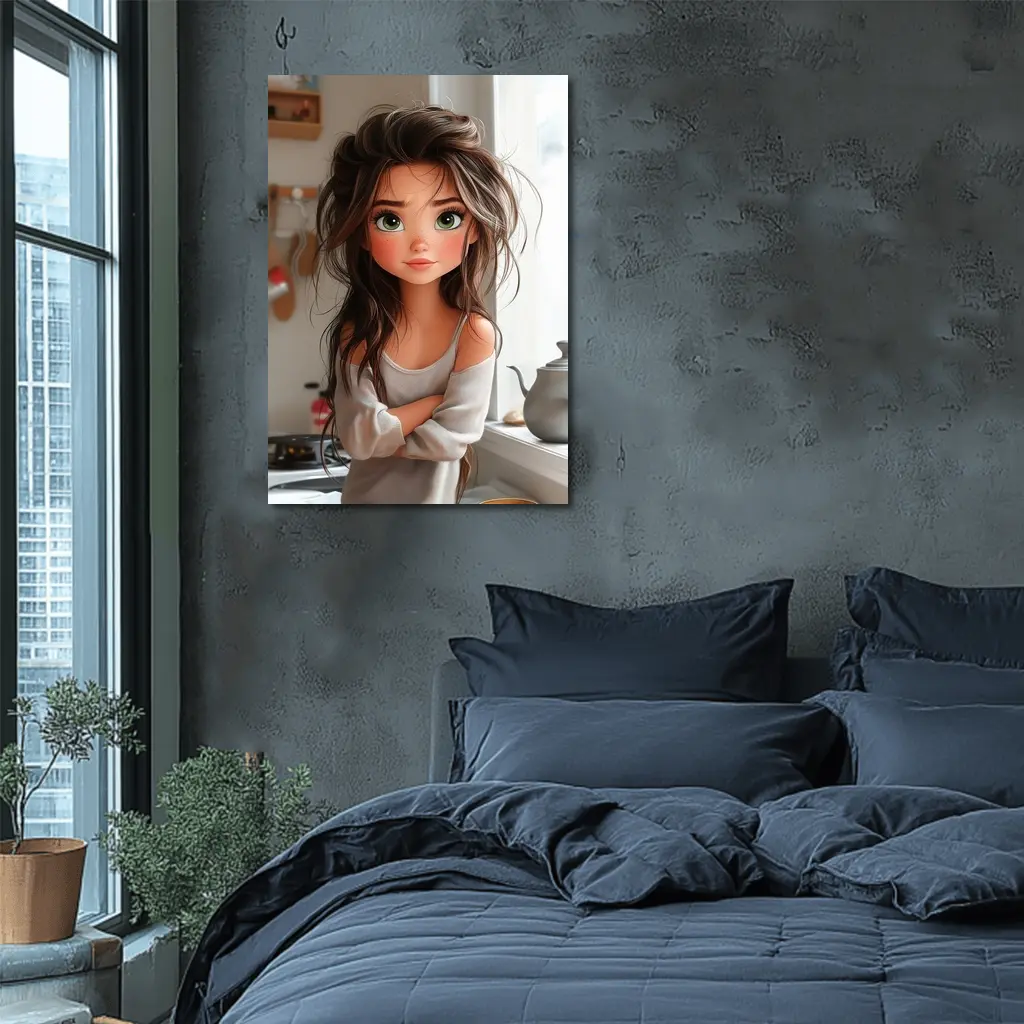 Cartoon Girl Green Eyes Kitchen Morning – Wall Art