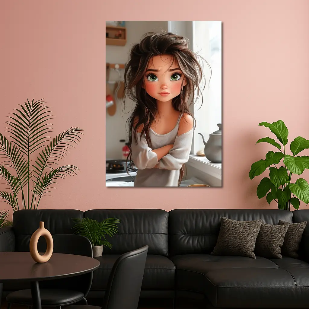 Cartoon Girl Green Eyes Kitchen Morning – Wall Art