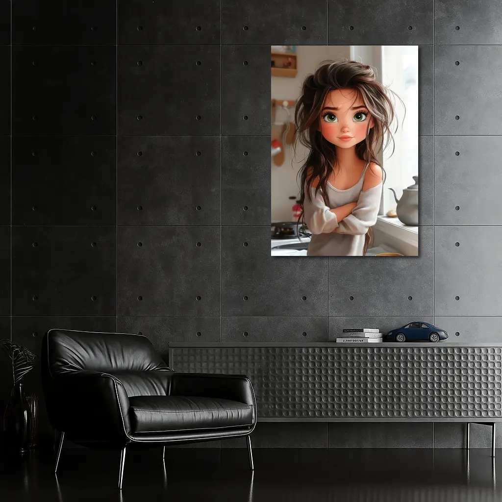 Cartoon Girl Green Eyes Kitchen Morning – Wall Art