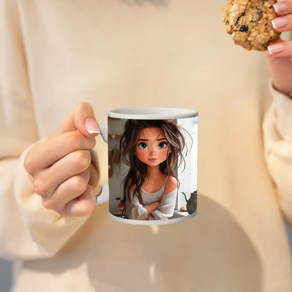 Cartoon Girl Green Eyes Kitchen Morning – Mugs