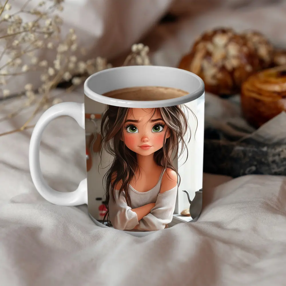 Cartoon Girl Green Eyes Kitchen Morning – Mugs