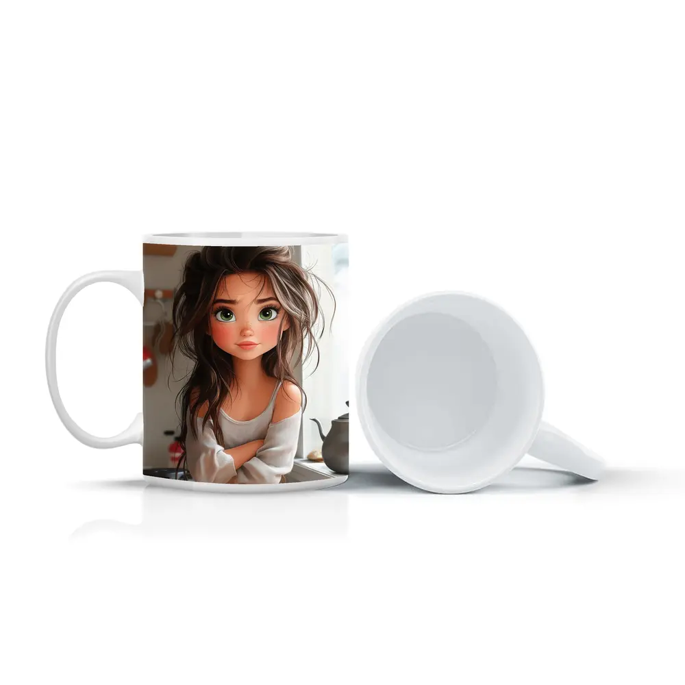Cartoon Girl Green Eyes Kitchen Morning – Mugs