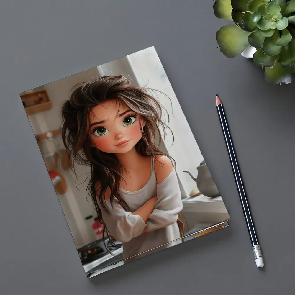 Cartoon Girl Green Eyes Kitchen Morning – Notebooks