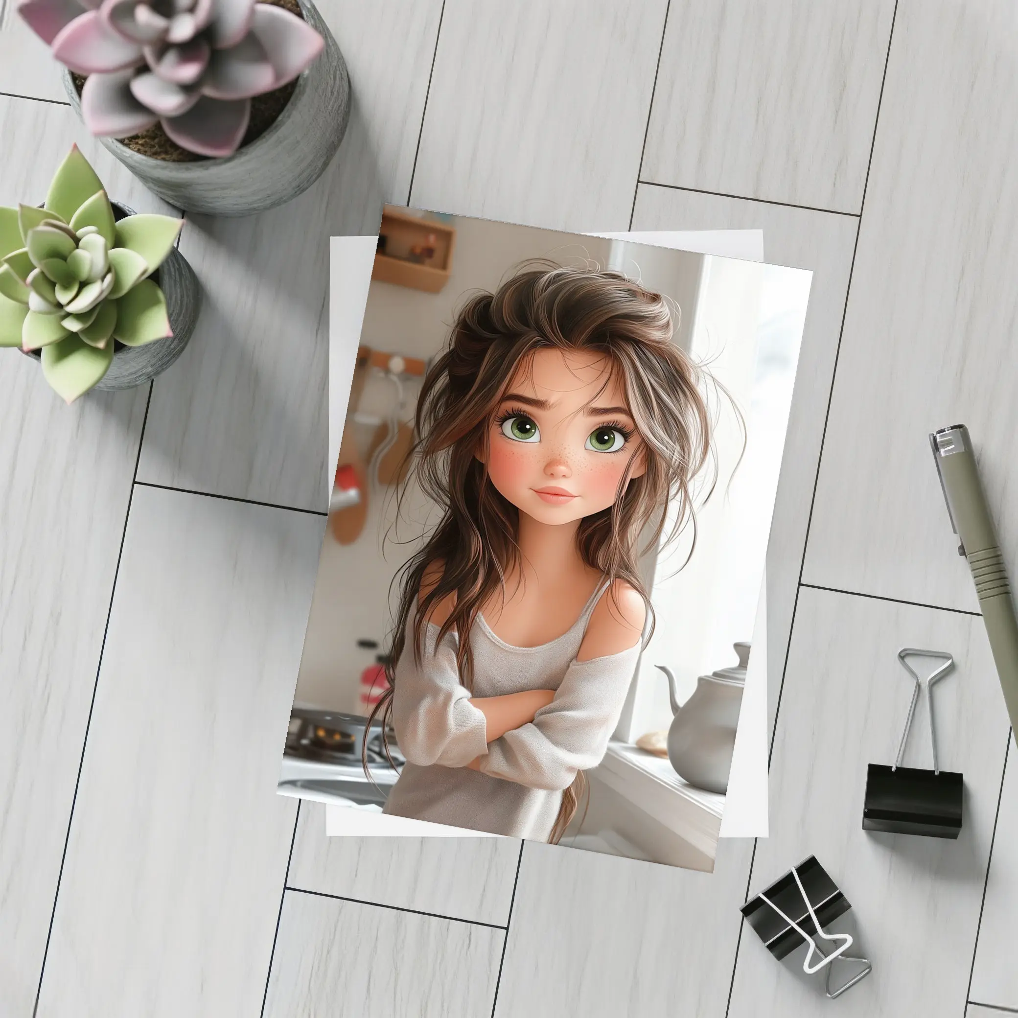 Cartoon Girl Green Eyes Kitchen Morning – Postcards