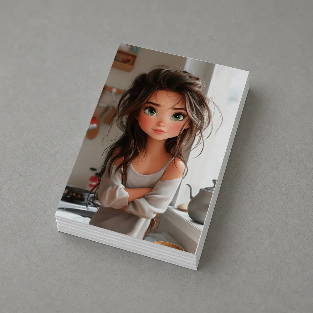 Cartoon Girl Green Eyes Kitchen Morning – Postcards