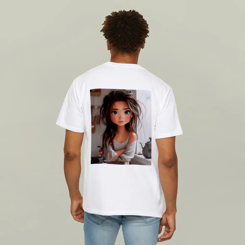 Cartoon Girl Green Eyes Kitchen Morning – T-Shirts