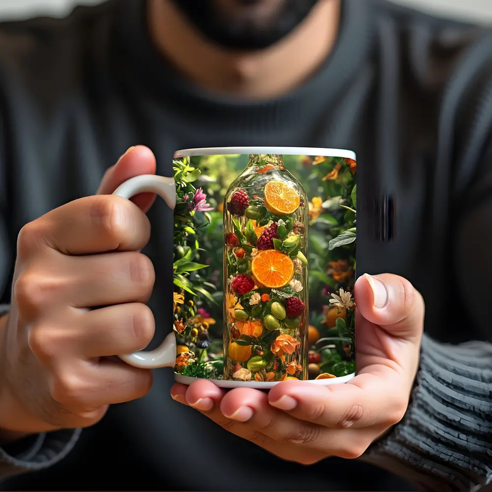 Glass Bottle Filled With Tropical Fruits Garden – Mugs