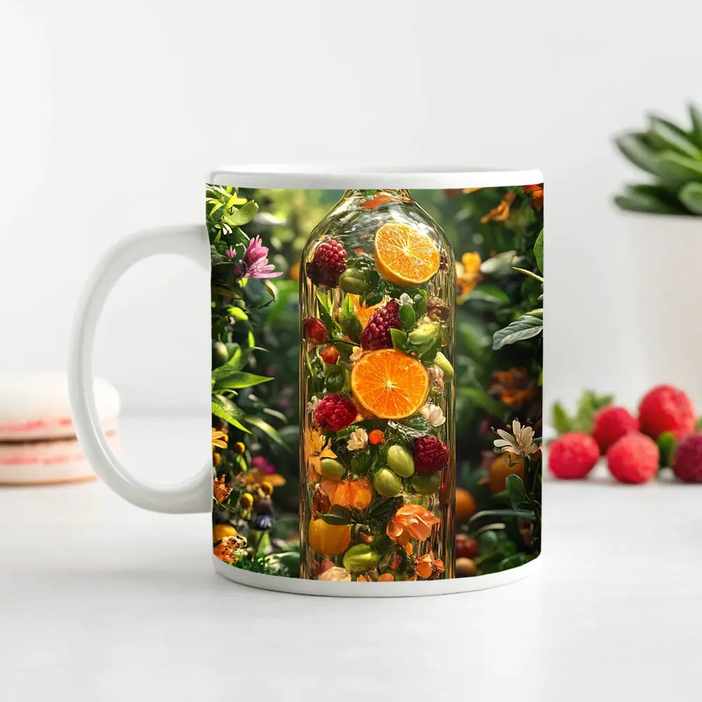 Glass Bottle Filled With Tropical Fruits Garden – Mugs