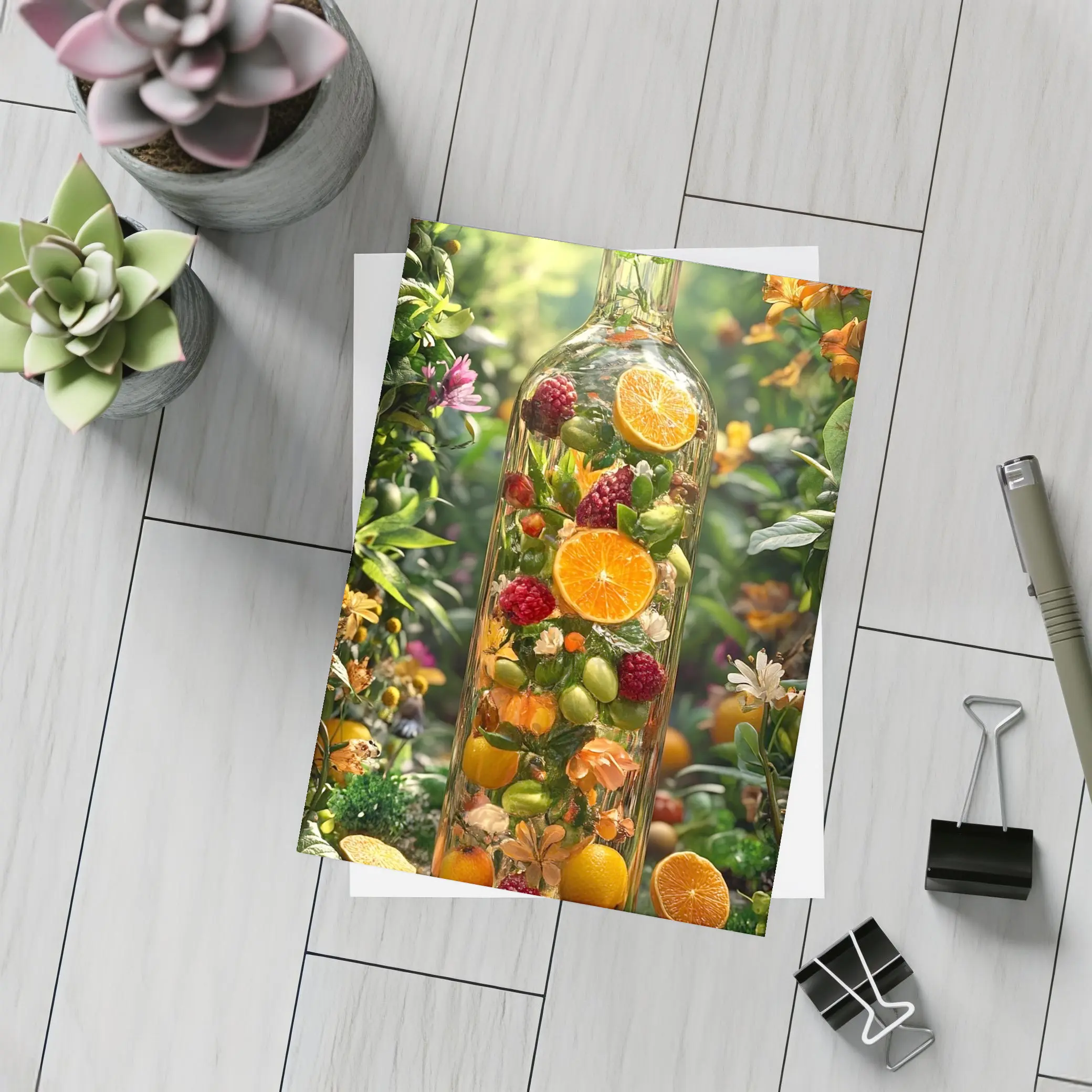 Glass Bottle Filled With Tropical Fruits Garden – Postcards