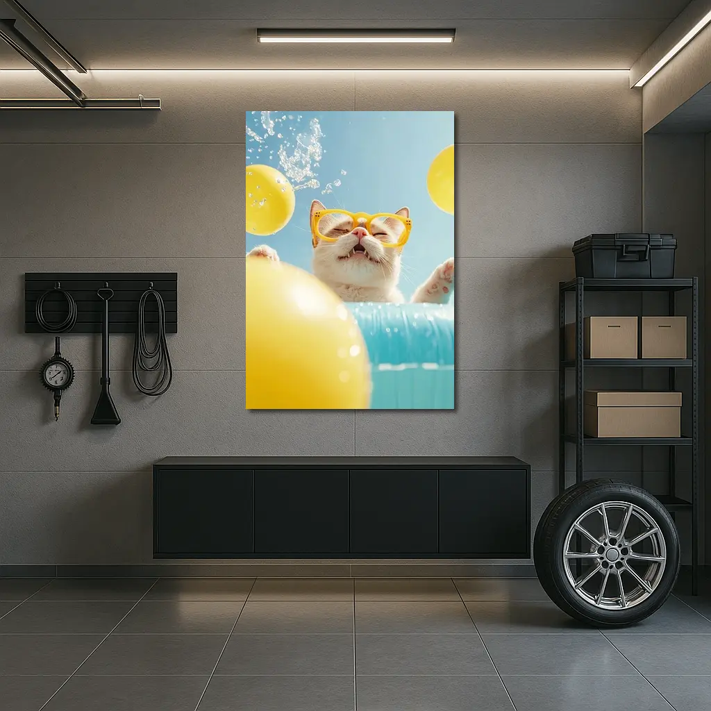 Happy Cat Yellow Sunglasses Pool Summer – Wall Art