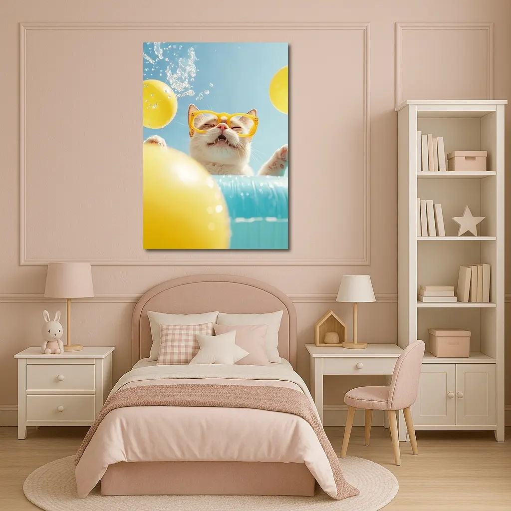 Happy Cat Yellow Sunglasses Pool Summer – Wall Art