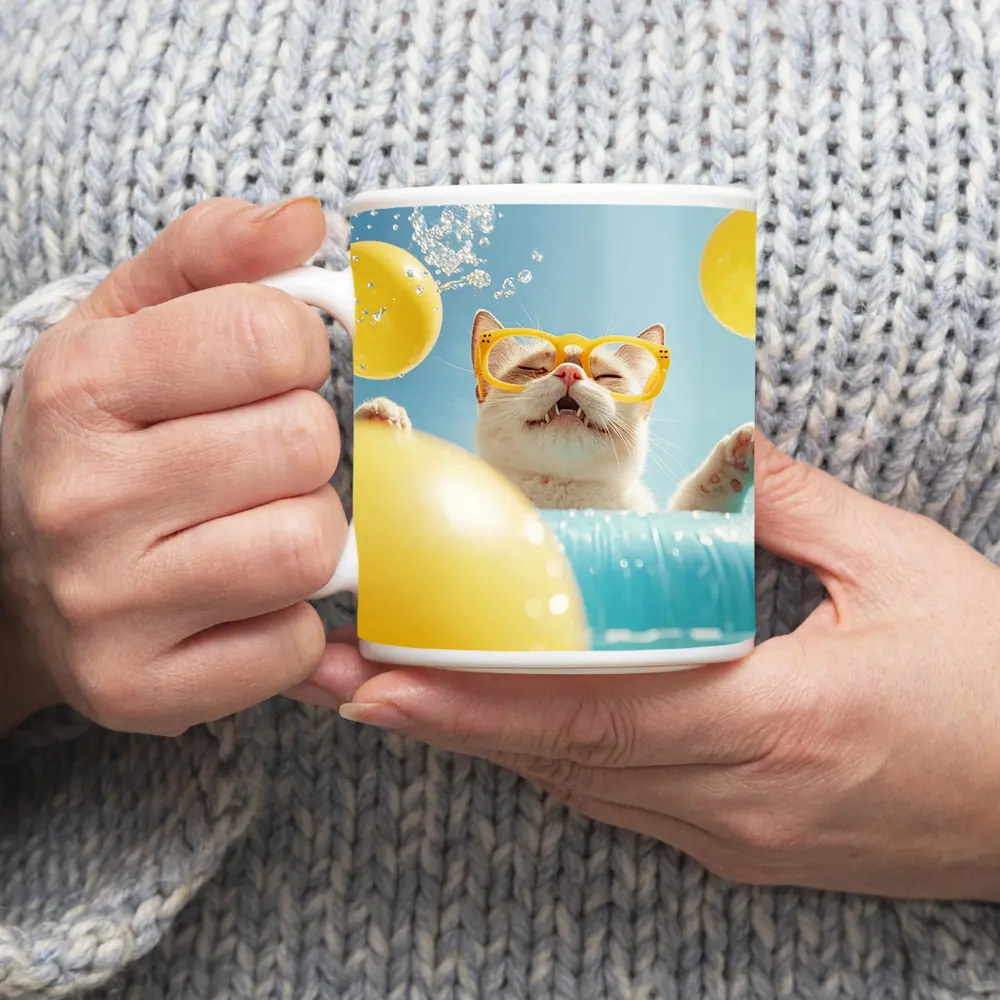 Happy Cat Yellow Sunglasses Pool Summer – Mugs