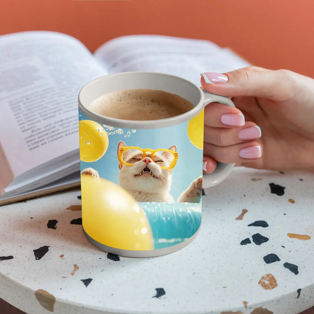 Happy Cat Yellow Sunglasses Pool Summer – Mugs