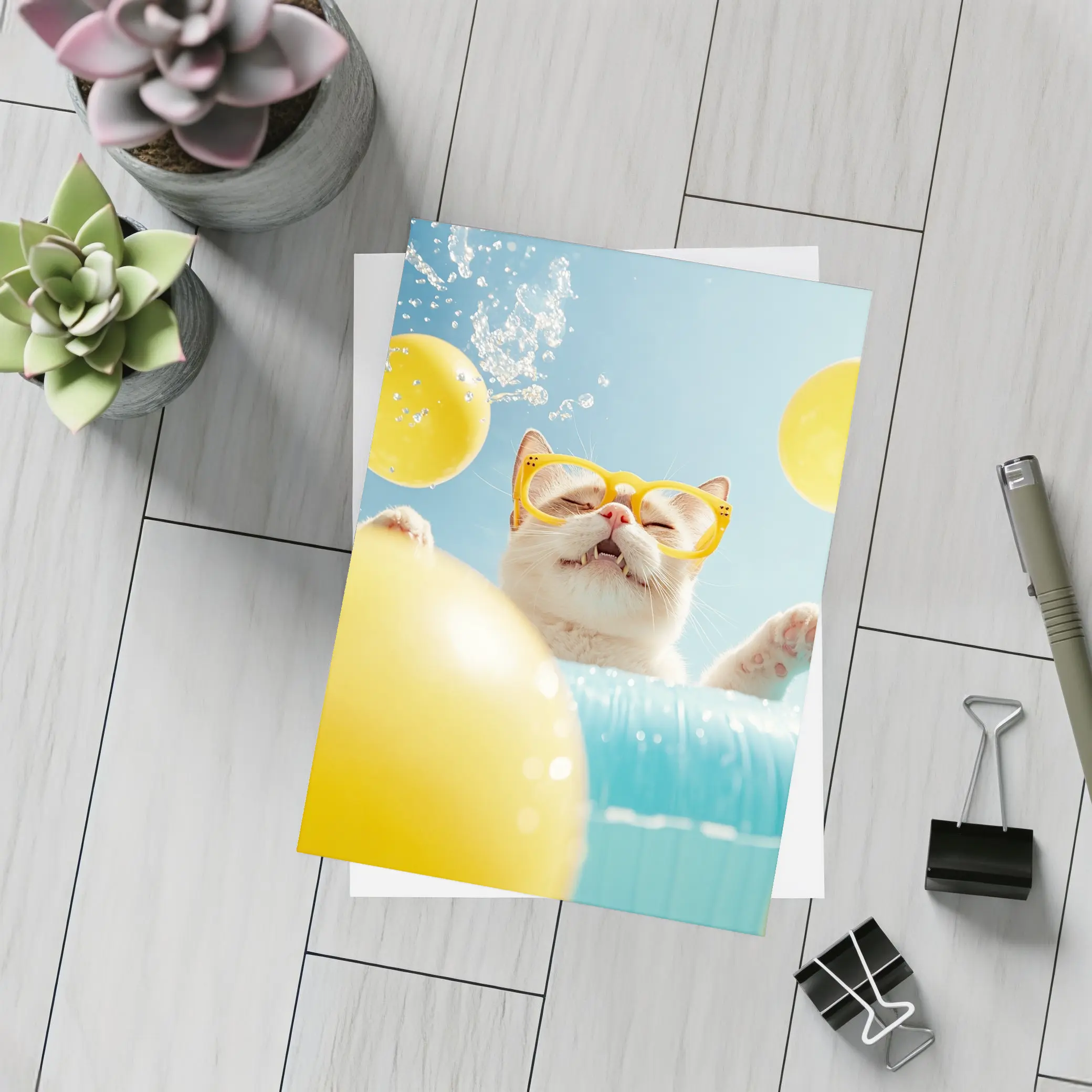 Happy Cat Yellow Sunglasses Pool Summer – Postcards