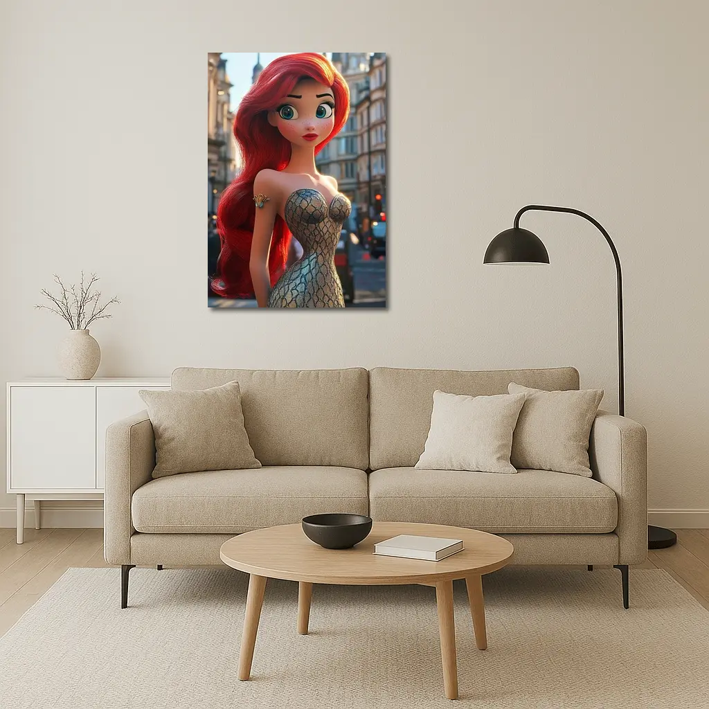 Red Hair Mermaid Princess City Street Background – Wall Art
