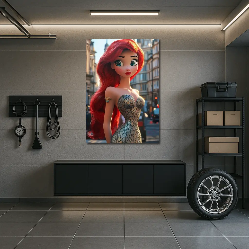 Red Hair Mermaid Princess City Street Background – Wall Art