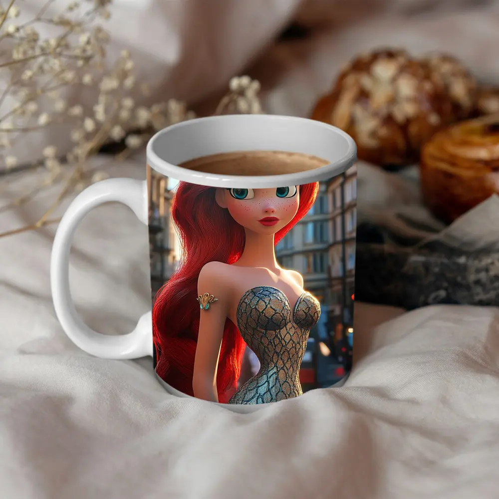 Red Hair Mermaid Princess City Street Background – Mugs