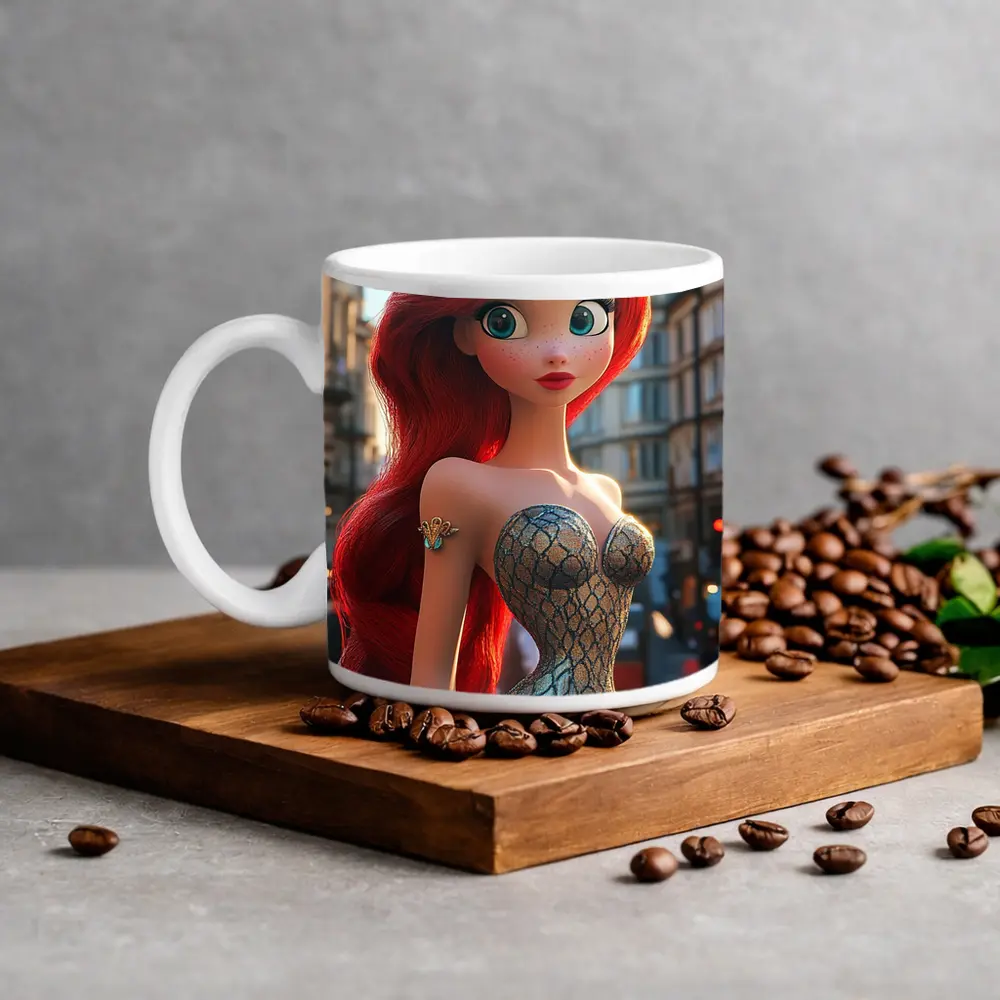 Red Hair Mermaid Princess City Street Background – Mugs
