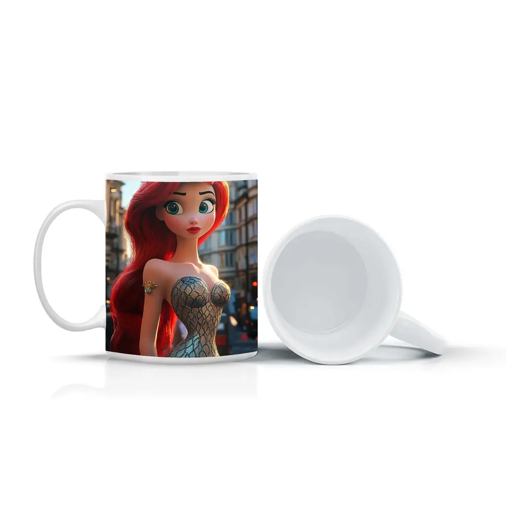 Red Hair Mermaid Princess City Street Background – Mugs