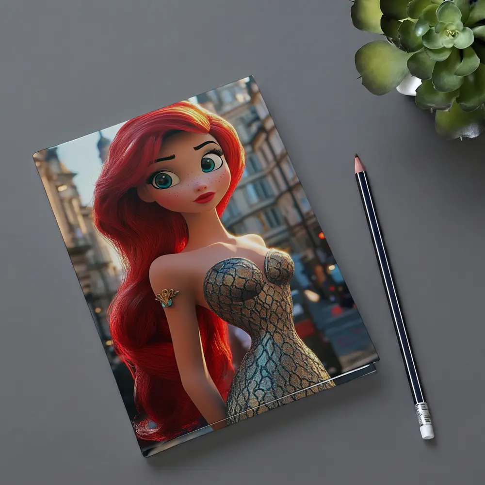 Red Hair Mermaid Princess City Street Background – Notebooks