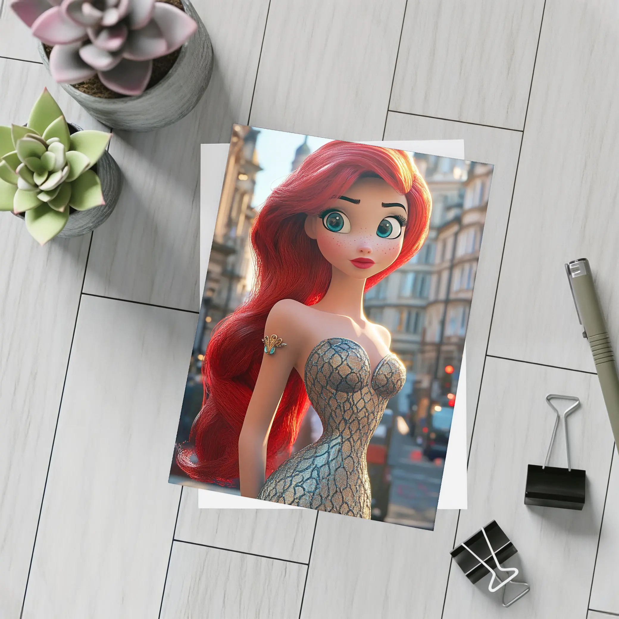 Red Hair Mermaid Princess City Street Background – Postcards