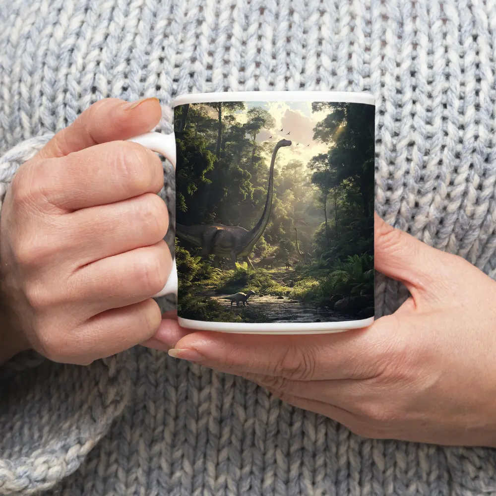 Brachiosaurus Dinosaur Walking Through Ancient Forest – Mugs