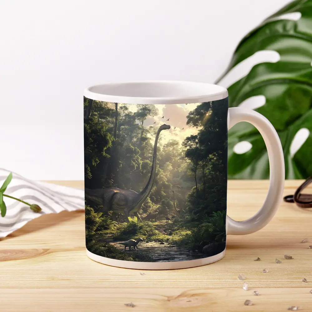 Brachiosaurus Dinosaur Walking Through Ancient Forest – Mugs