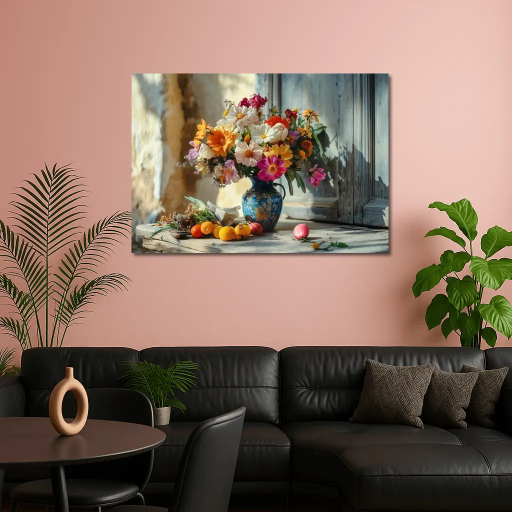 Colorful Wildflowers Blue Vase Rustic Setting – Wall Art