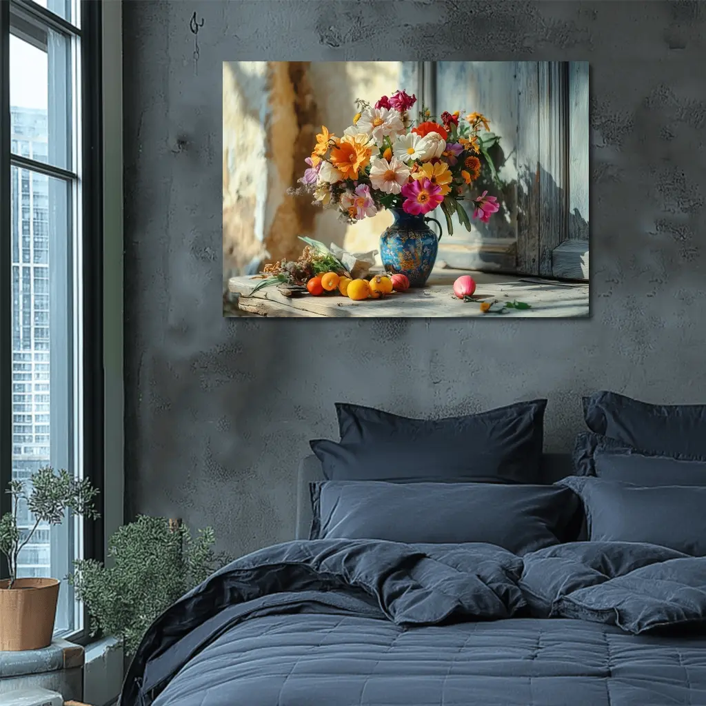 Colorful Wildflowers Blue Vase Rustic Setting – Wall Art