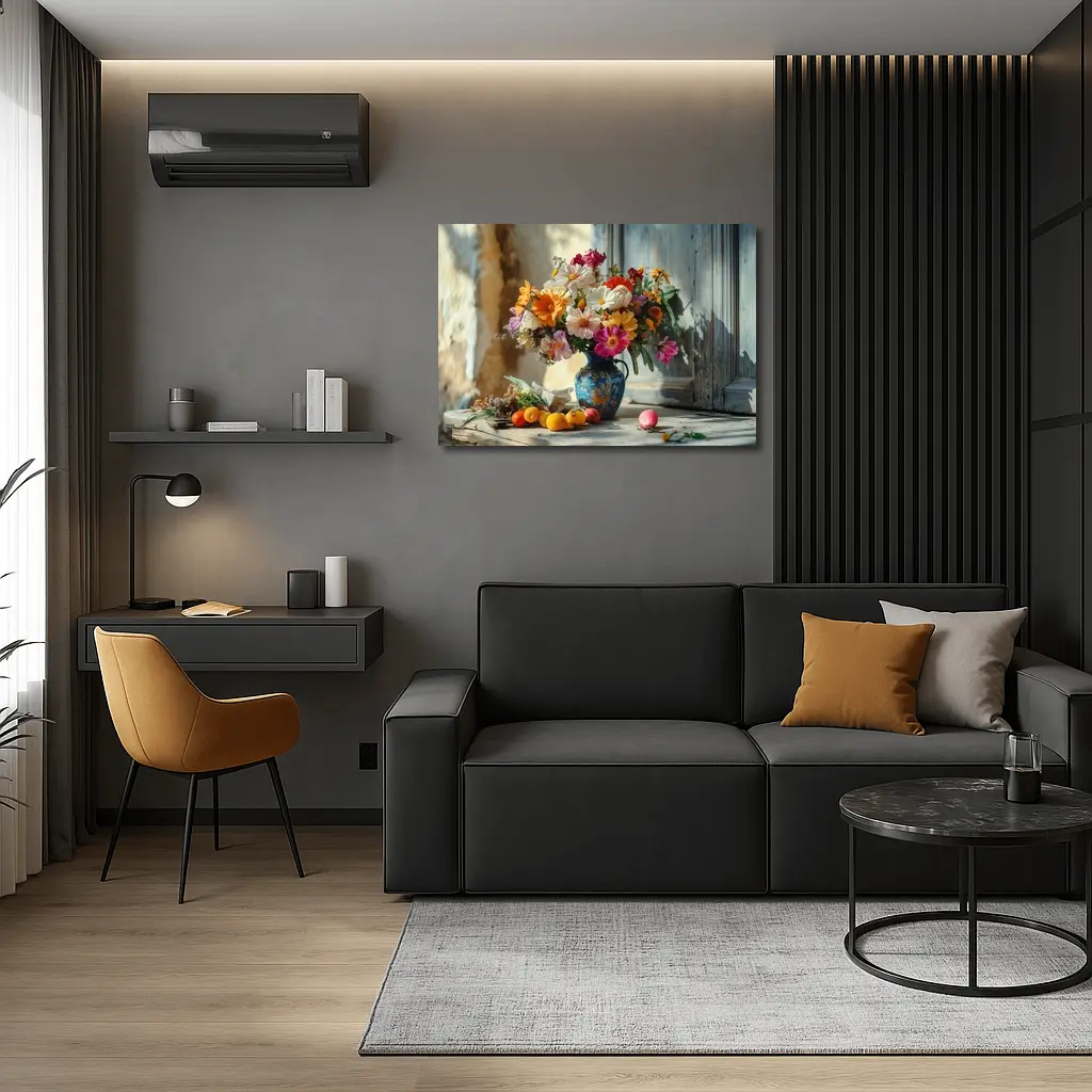 Colorful Wildflowers Blue Vase Rustic Setting – Wall Art