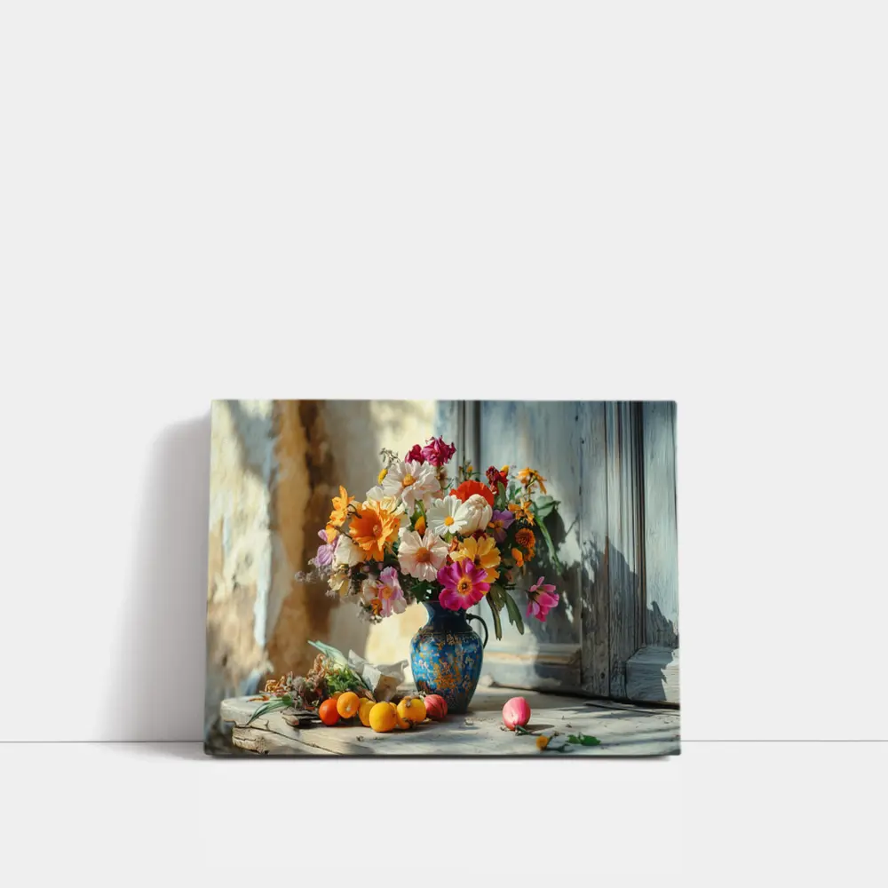 Colorful Wildflowers Blue Vase Rustic Setting – Wall Art