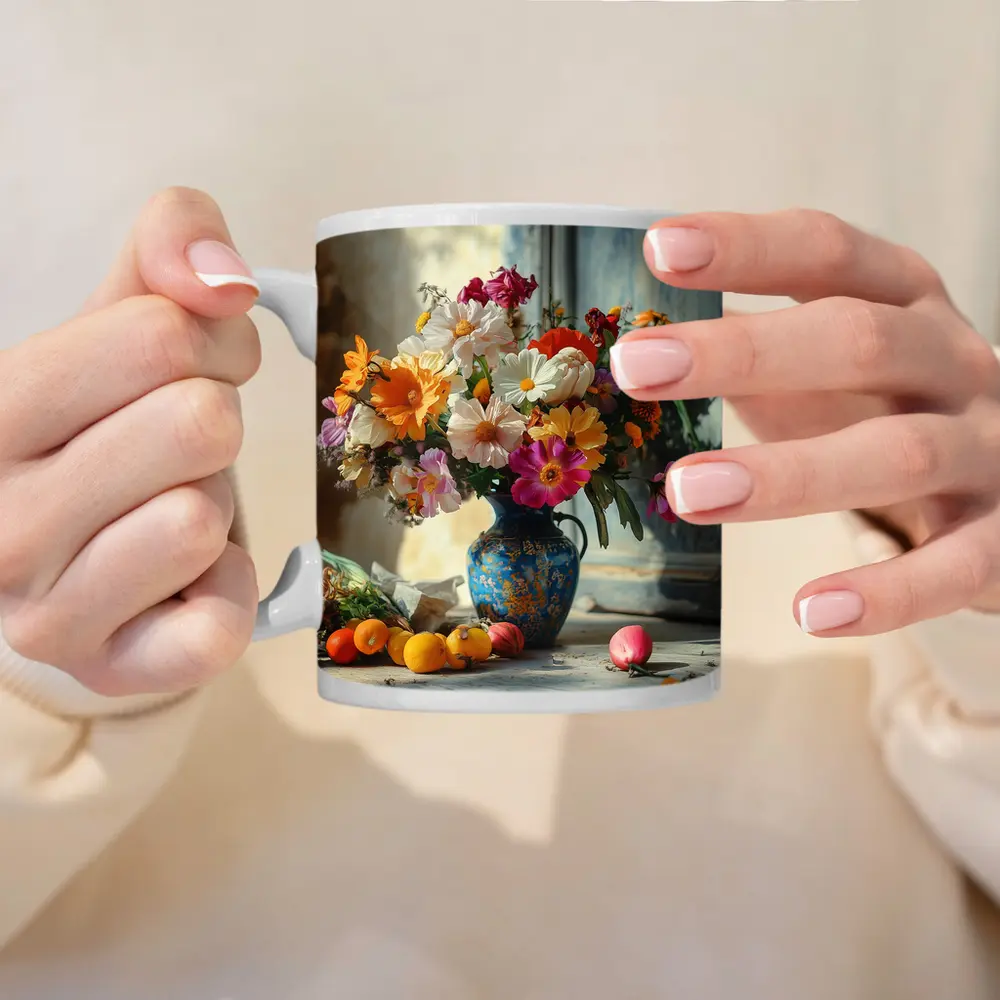 Colorful Wildflowers Blue Vase Rustic Setting – Mugs