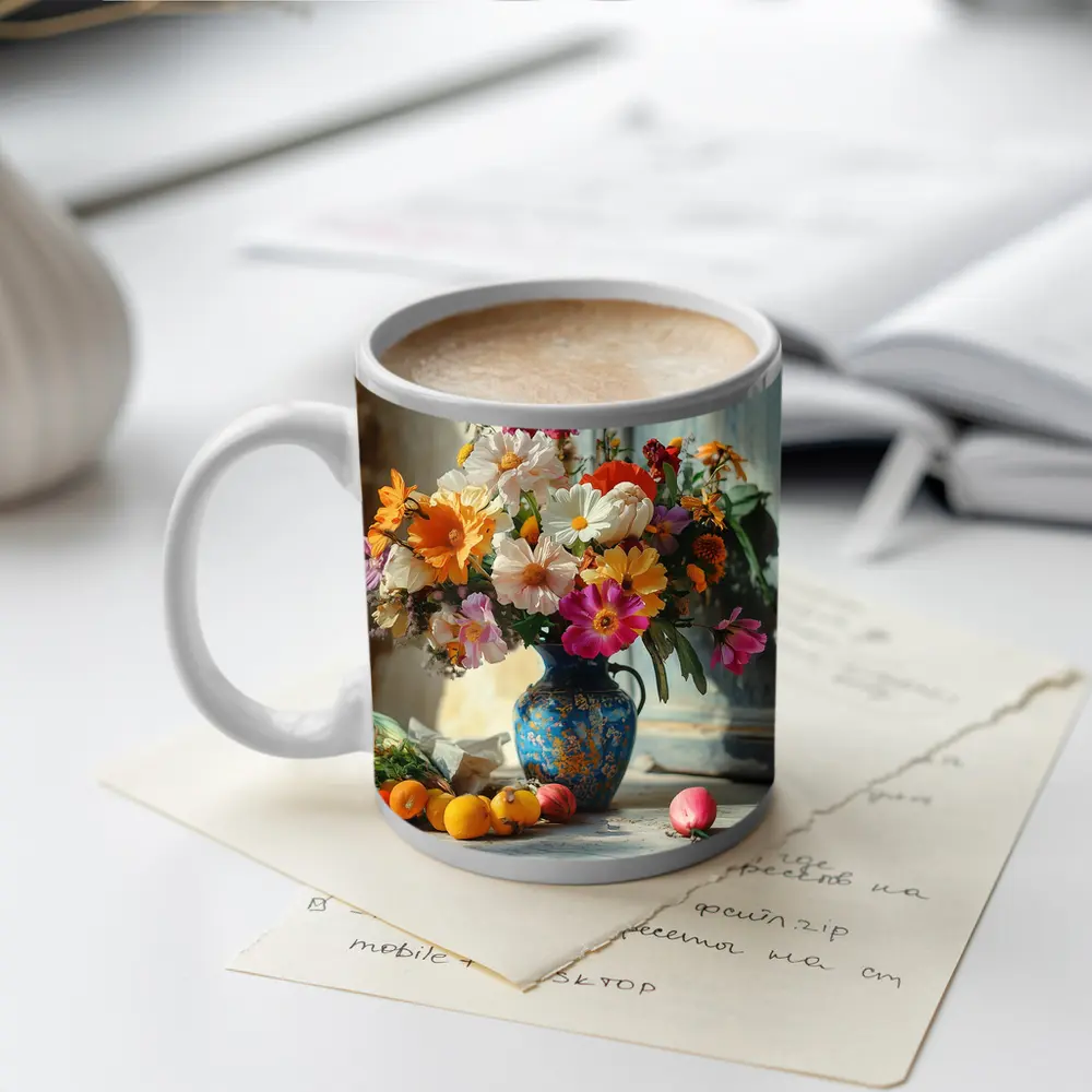 Colorful Wildflowers Blue Vase Rustic Setting – Mugs