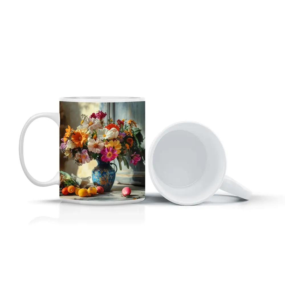 Colorful Wildflowers Blue Vase Rustic Setting – Mugs