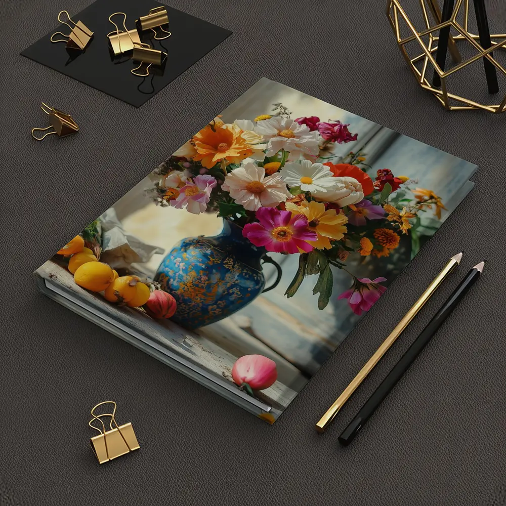 Colorful Wildflowers Blue Vase Rustic Setting – Notebooks