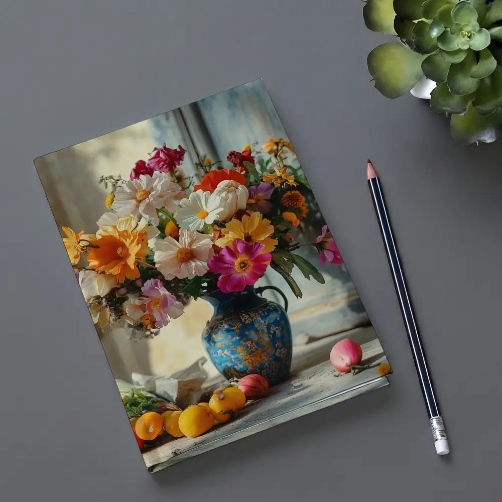 Colorful Wildflowers Blue Vase Rustic Setting – Notebooks