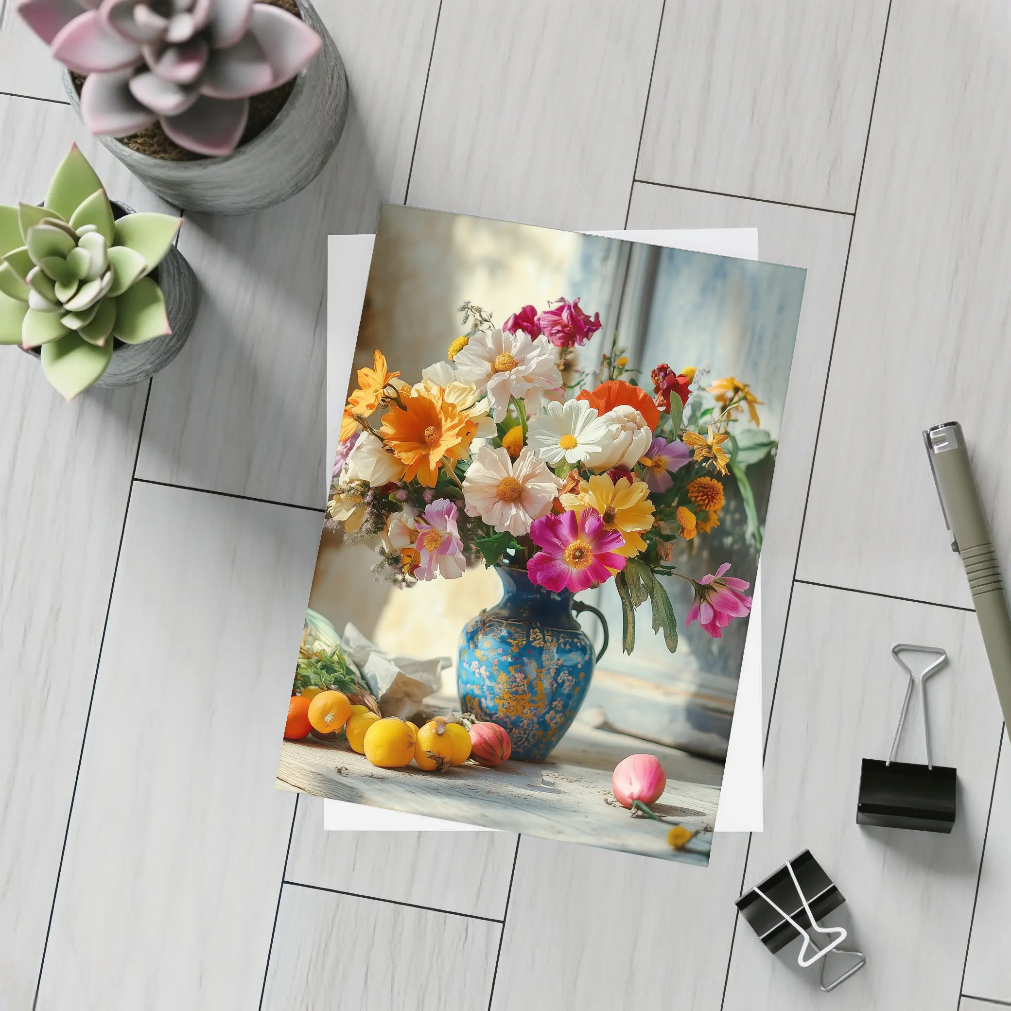 Colorful Wildflowers Blue Vase Rustic Setting – Postcards